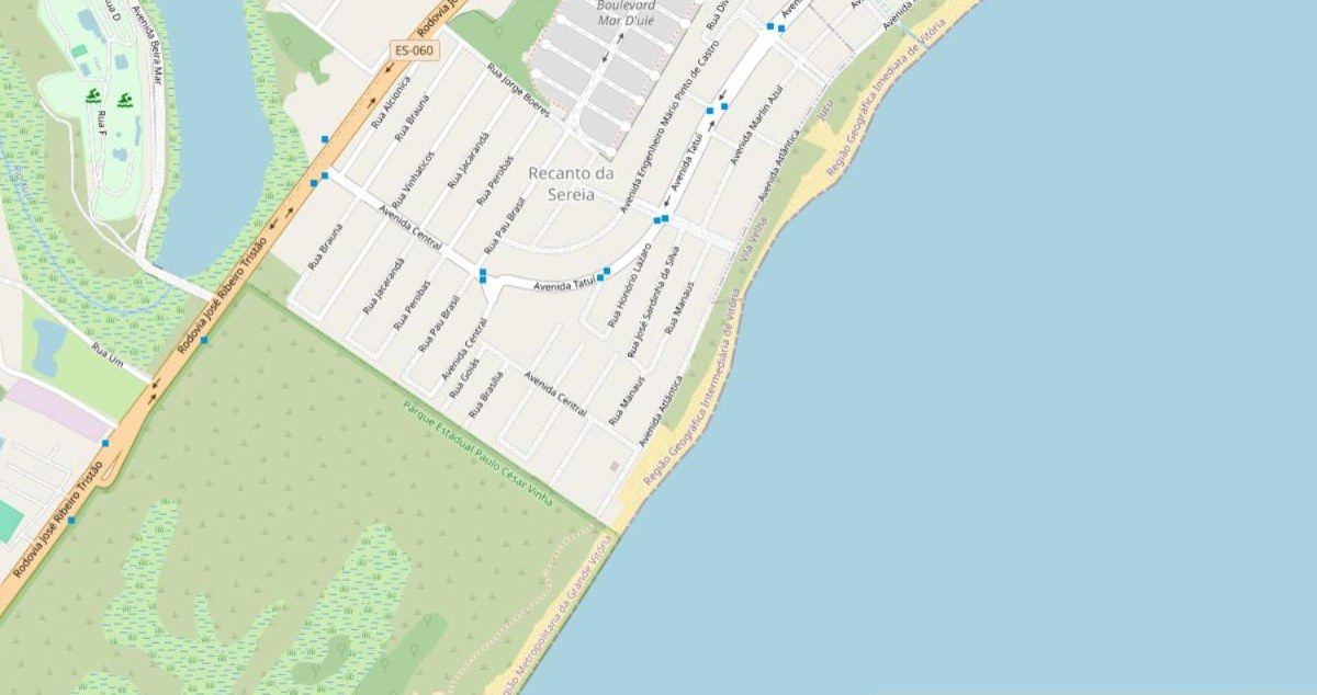 Mapa do Recanto da Sereia, em Guarapari, com a área aproximada da casa perto da praia